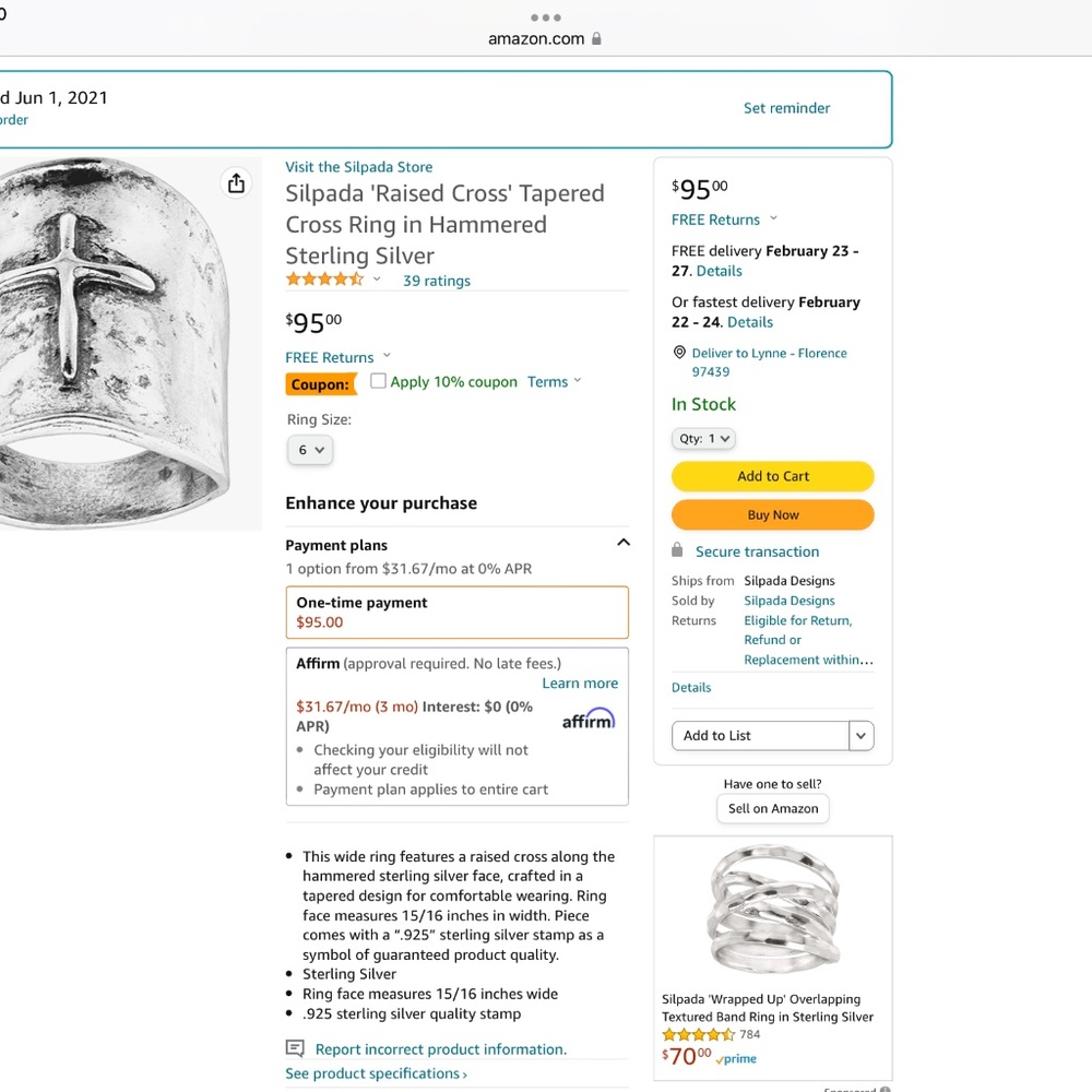 Silpada Raised Cross Ring